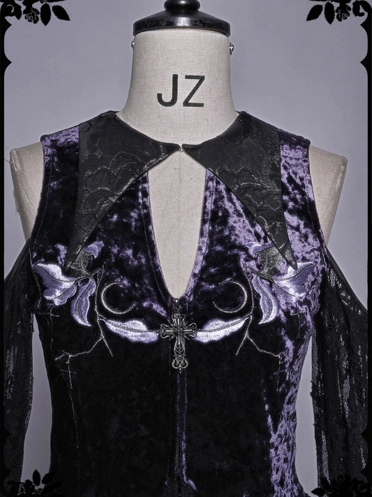 Gothic Velvet Embroidered Open Shoulder Top Double Layered Lace Hem