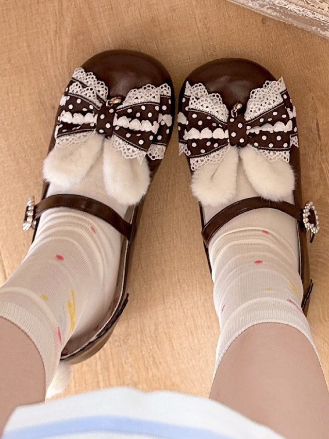 Sweet Brown Lolita Mary Jane Shoes with Bunny Ears & Pom Pom Tail