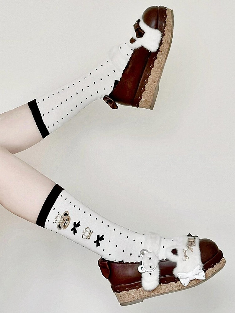 Black Bear and Crown Print Polka-dot Pattern Lolita Calf Socks