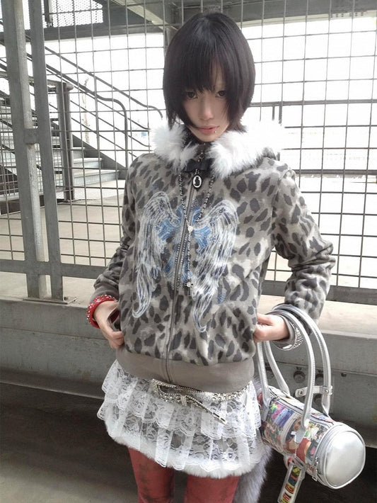 Gyaru Fashion Y2K Gray Leopard Print Hoodie with Detachable Faux Fur Trim