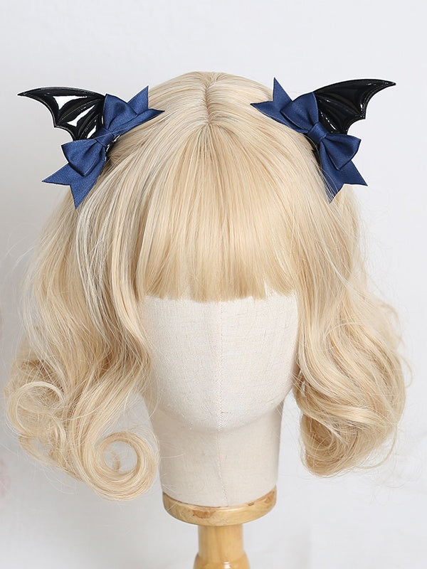 A Pair of Gothic Lolita Black Polished Bat Wing Hairclips with Dark Red / Black / Dark Blue Bowknot Decorations