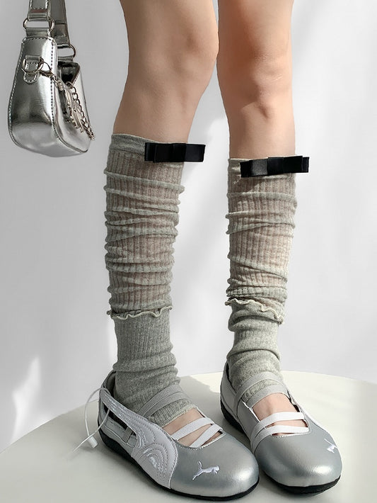 White/Gray Bowknot Details Ribbed Trim Leg Sleeves