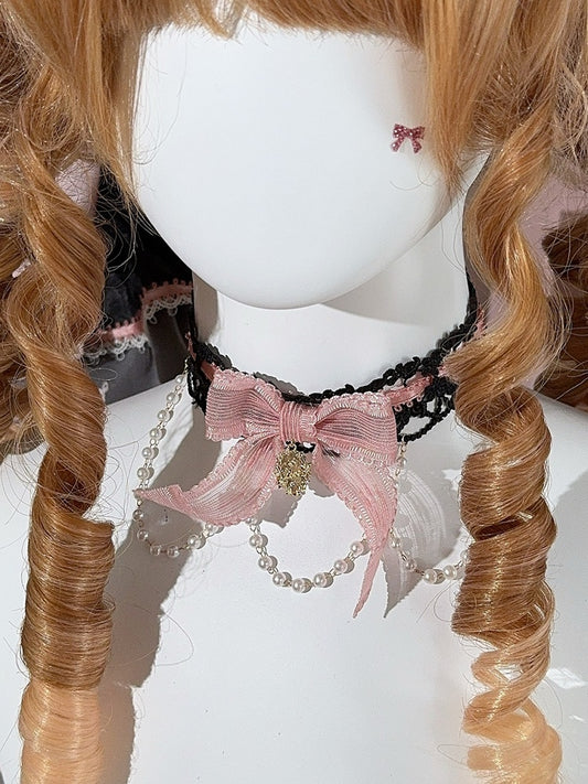 White&Pink/Black&Pink Beaded Charm Bowknot Choker