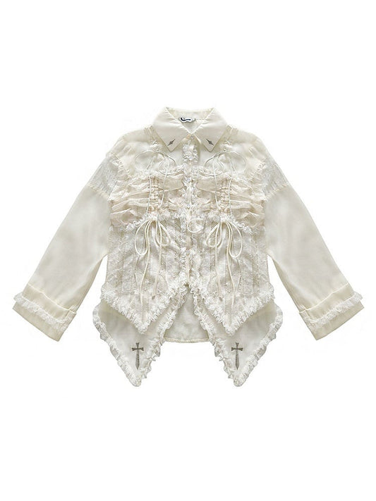 Lace-up Detail Beige Crosses Embroidery Chiffon Shirt Lace Trim