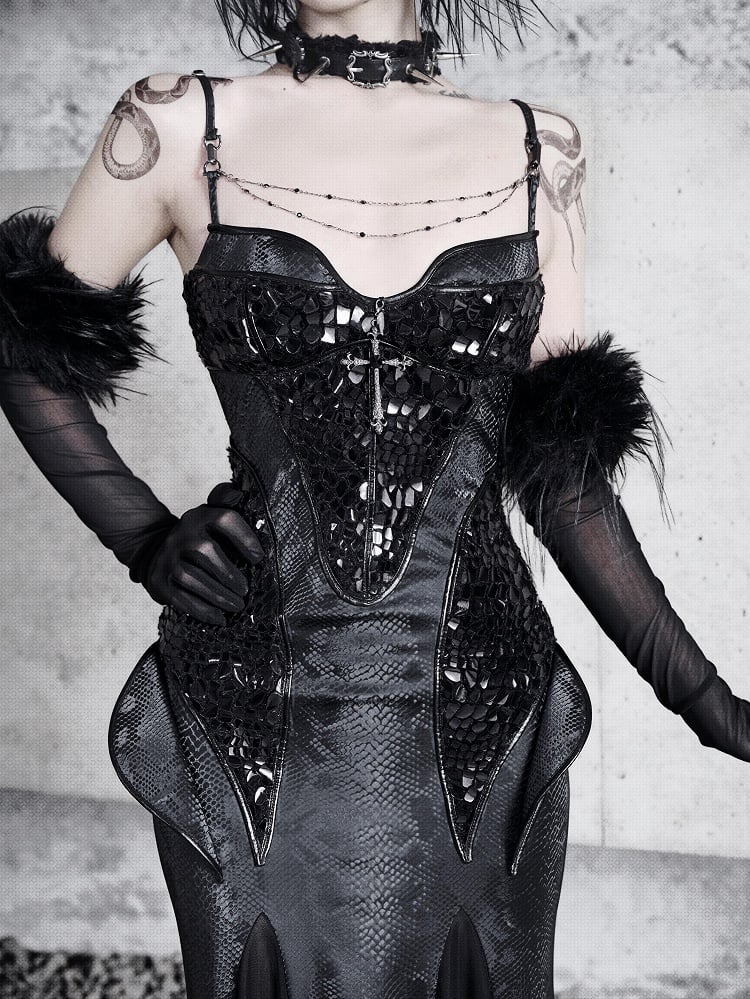 Black Victorian Bustier Bodice Spaghetti Straps Dress Evening Gown PU Leather Mermaid Dress