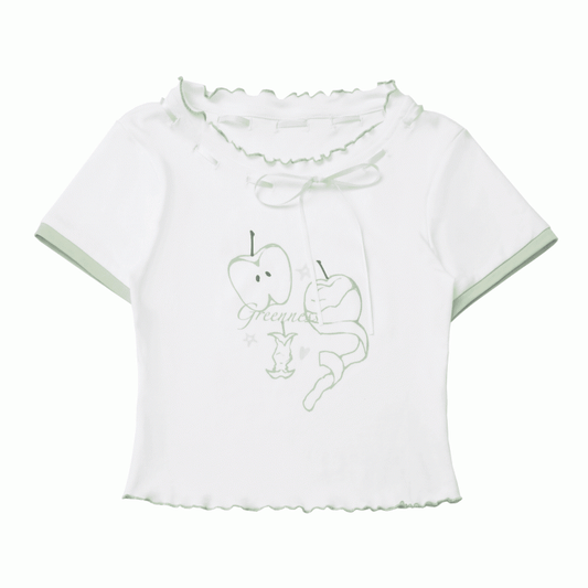 Green Apple Print Lettuce Hem Self-tie Bow Neckline White T-shirt