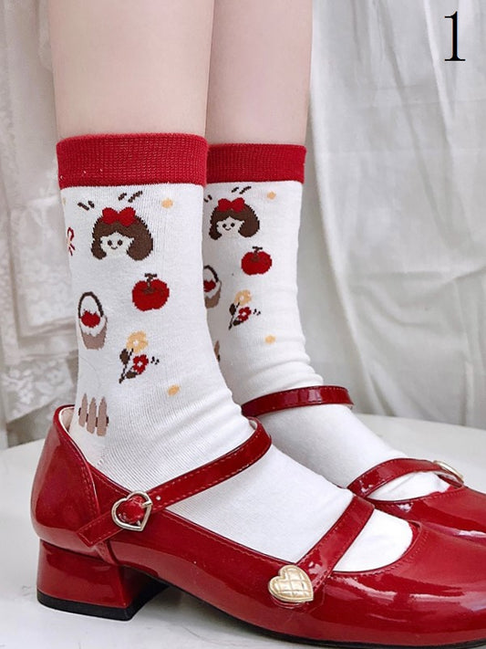 4 Options White Calf Socks With Apple and Floral Print