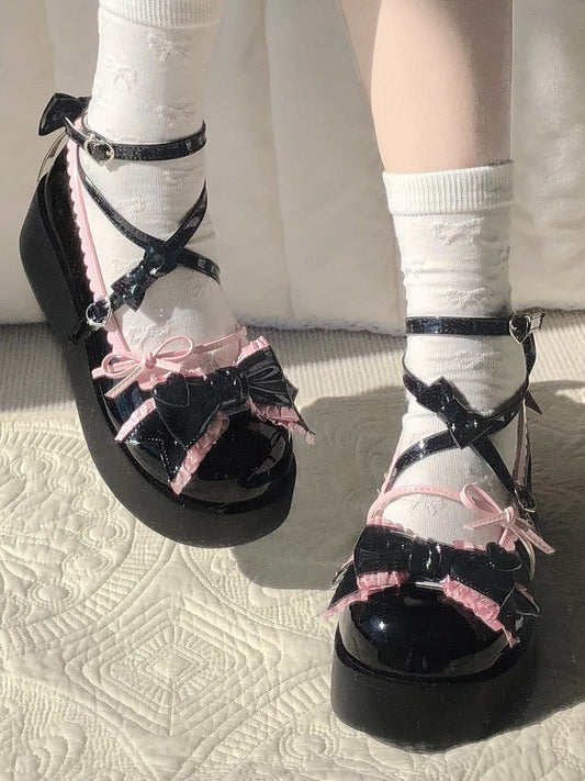 5CM Black & Pink Bow at Top Crisscross Design Sweet Lolita Platforms