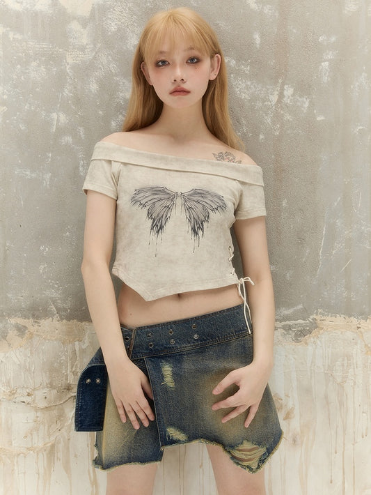 Apricot Off-the-shoulder Neckline Top with Butterfly Print