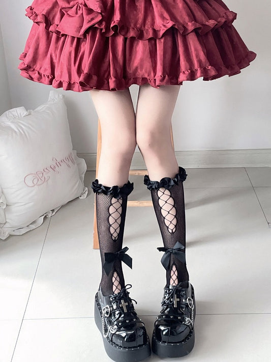 Sweet Lolita Black Semi-sheer Bow Cutout Ruffle Trim Under Knee Stockings