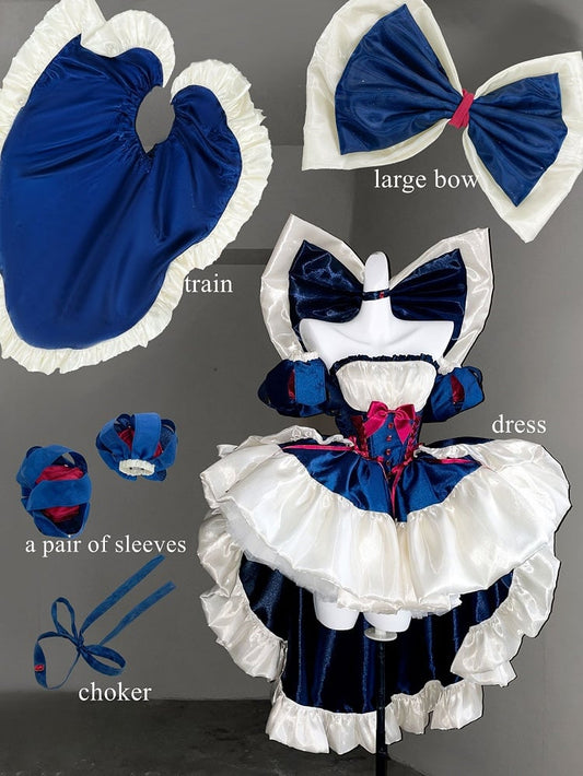 Blue & White Basque Waist Sweet Lolita Dress with Large Bow and Red Ribbon Accents