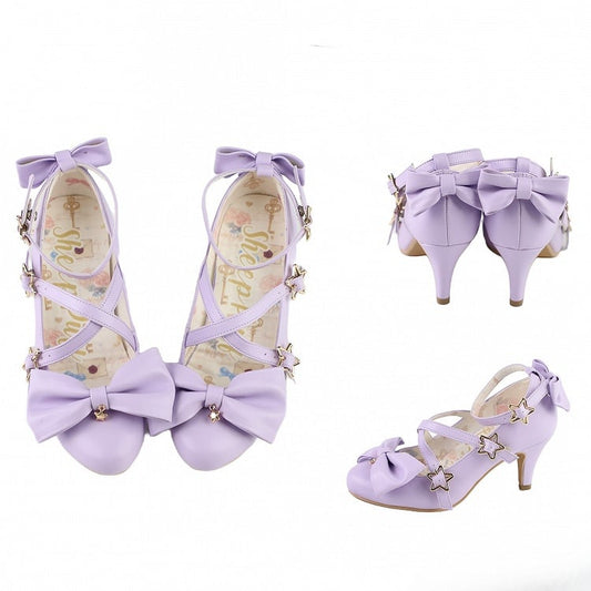 Purple Bow at Top Star Buckle Straps High Heels
