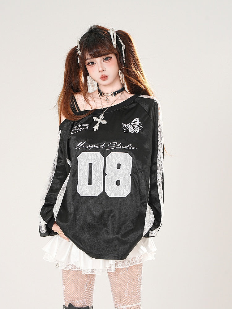 Asymmetrical Neckline Butterfly Embroidery Lace Patches Black/Silver Top