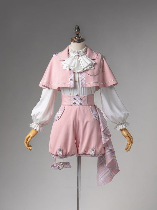 Pink and White Prince Ouji Lolita Outfit - White Shirt + Pink Cape + Pink High Waist Shorts
