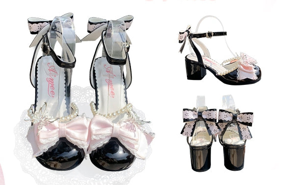 Pink Bow at Top Black Sweet Lolita Mary Jane Shoes with Detachable Bead Chain