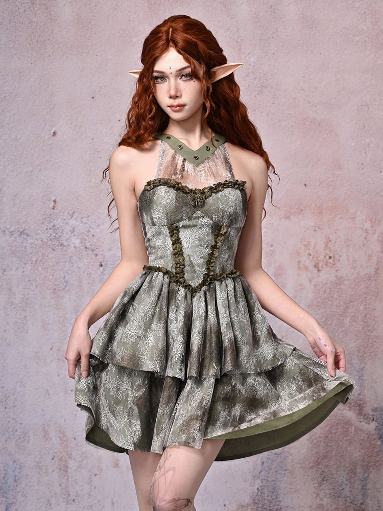 Halter Neck Light Green Basque Waist Forest Fairy Tie-dyed Dress