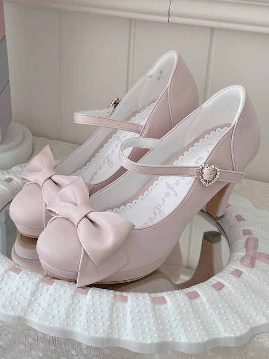 High-heel Sakura Pink PU Leather Shoes - Rhinestone Heart Closure & Delicate Bow Design