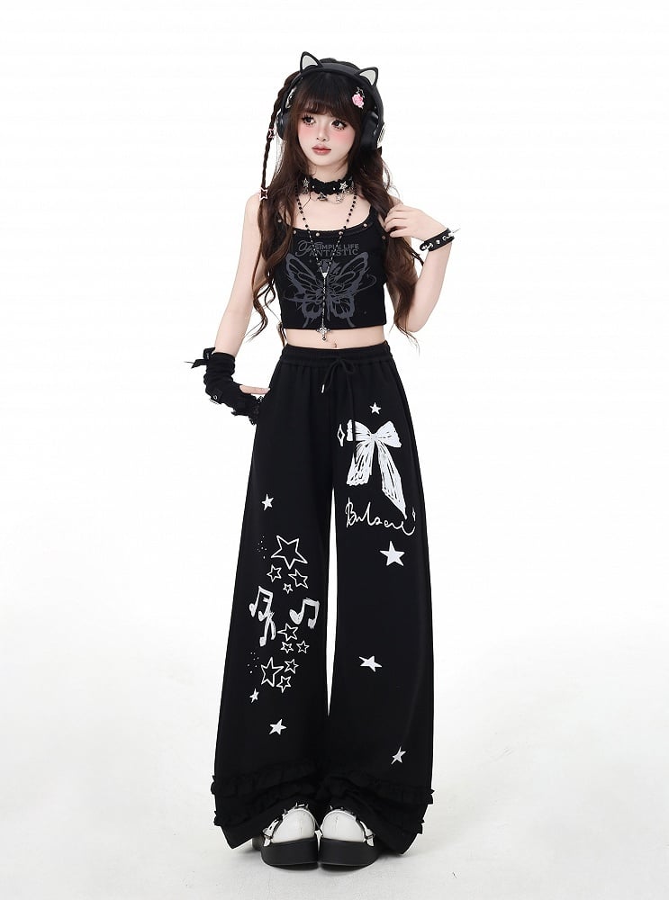 Black/Light Gray Bow and Star Print Vintage Wide-Leg Pants