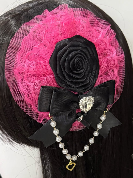 Pink/Rose Red Beaded Charm Rhinestone Heart Decorated Lace Trim Bowknot And Floral Design Hairclip