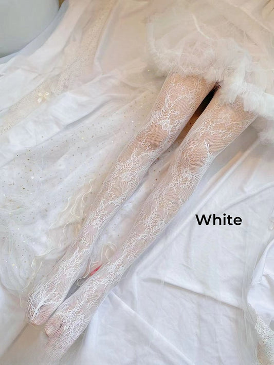 White/Creamy Yellow/Black Floral Fishnet Tights