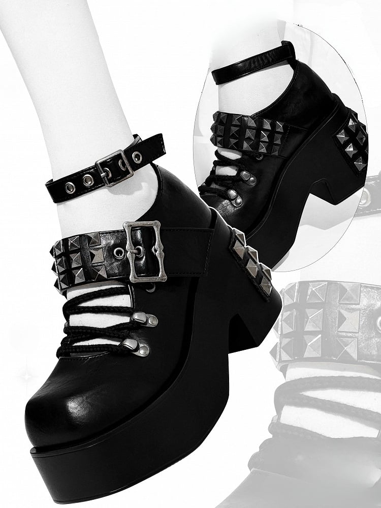 Black Punk Studs Details Crisscross Design Platform High Block Heels