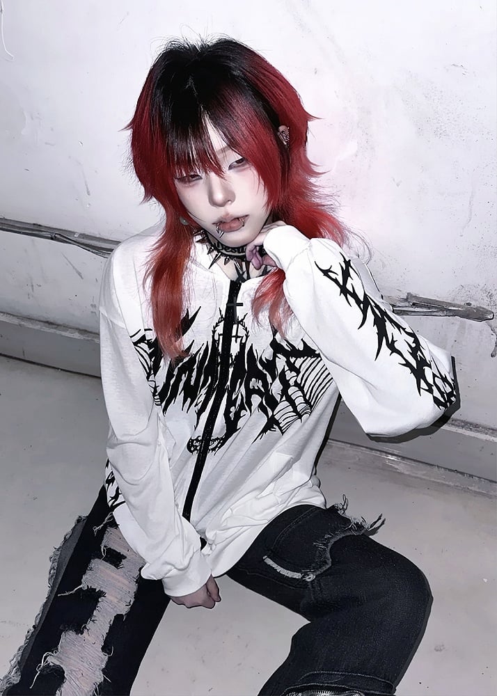 Black Wing Print White Zip-up Hooded Jacket for Spring and Summer