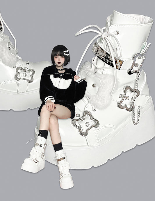 Buckle Straps Plush Bone Decorated Polished White Punk Platform Boots