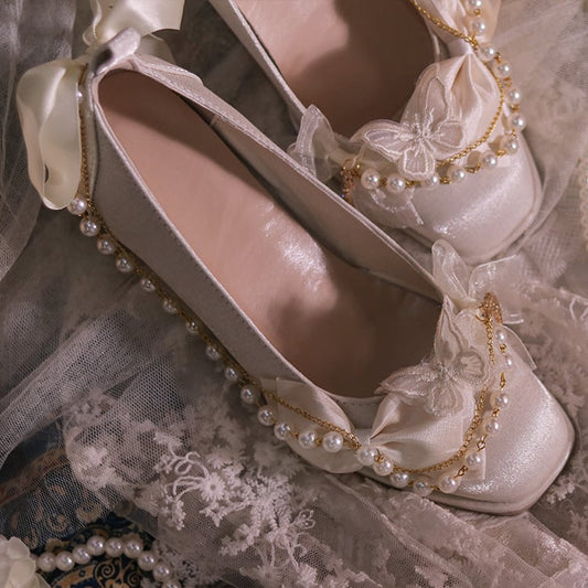 Beige Bowknot and Butterfly Applique Square Toe Hime Lolita Block Heels