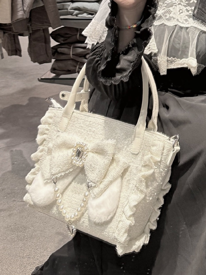 White Triple-Carry Handbag with Ruffles Trim in Elegant Lolita - Beaded And Rhinestone Heart Charm & Plush Bunny Ear Bow