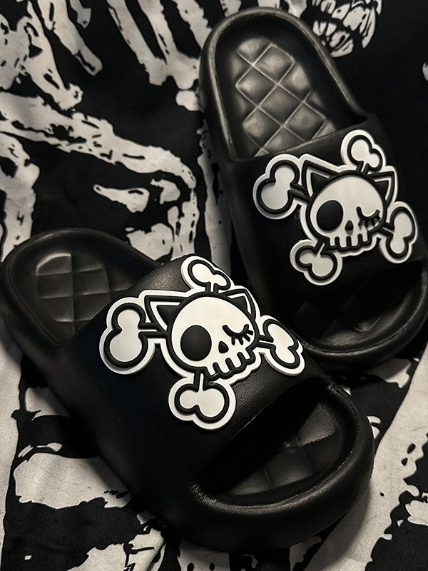 Black and White Gothic Skeleton Applique Summer Slippers
