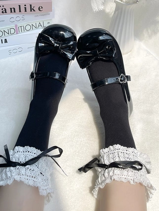Round Toe Sweet Black Low-heel Shoes - Heart Buckle & Bow at Top