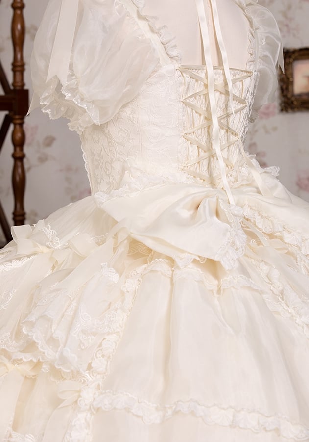 Gorgeous Hanayome Lolita Creamy White Bow Accents Wedding Dress / Full Set