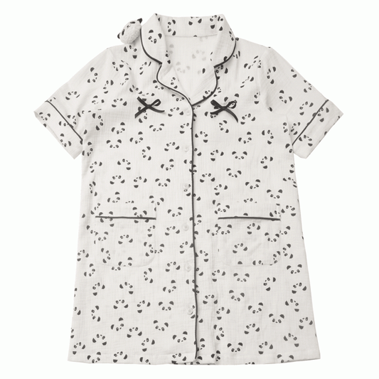 Beige Scalloped Edge Collar Allover Panda Print Pajamas Shirt Dress Panda Plushie