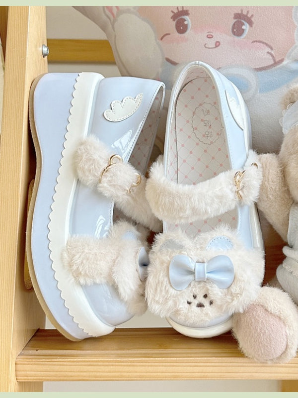Blue Bowknot Decorated Plush Bear Lolita Platforms With Bear Buckle