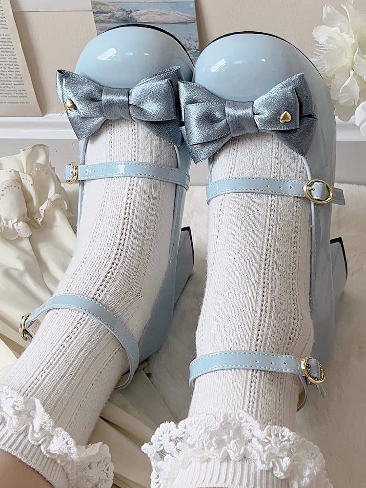 Sweet Blue Mary Janes for Lolita - High Heel with Romantic Heart Accented Bow