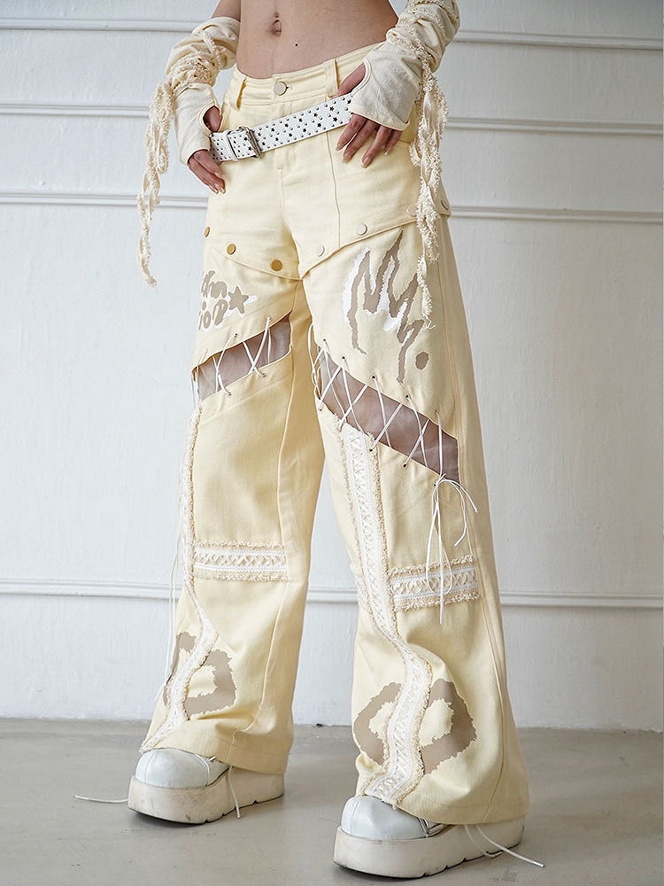 Lace-up Detail Beige Detachable Straight-leg Cut Jeans