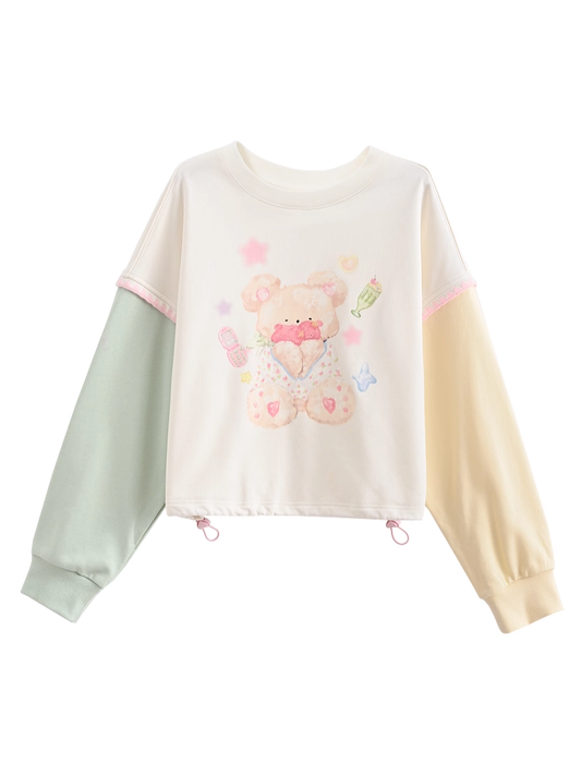 Green and Yellow Colorblock Design Teddy Bear Print Drawstring Hem Autumn Sweatshirt