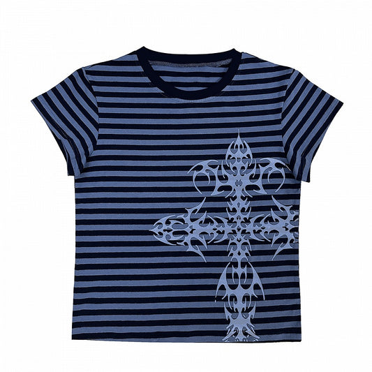 Dark Blue/Light Purple Stripe Pattern Cross Print Top