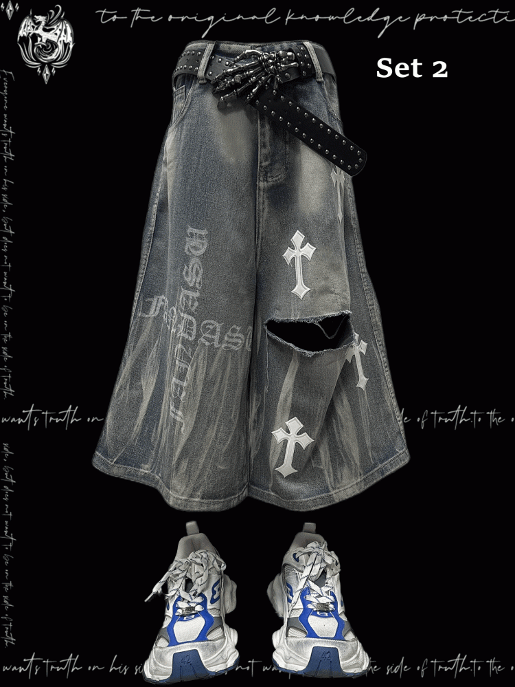 Y2K Blue Cross Appliques Distressed Holes Wide-Leg Jeans