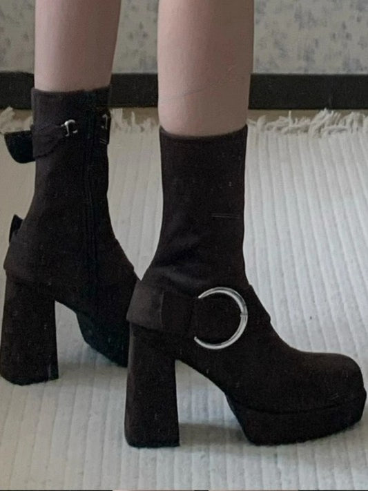 Buckle Details & Inner Zip Closure Square Toe Brown Mid-calf Boots with Platform High Block Heel