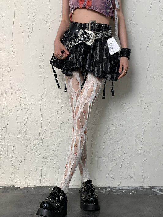 White Y2K Floral Pattern Tights + Cut-out Design Tights