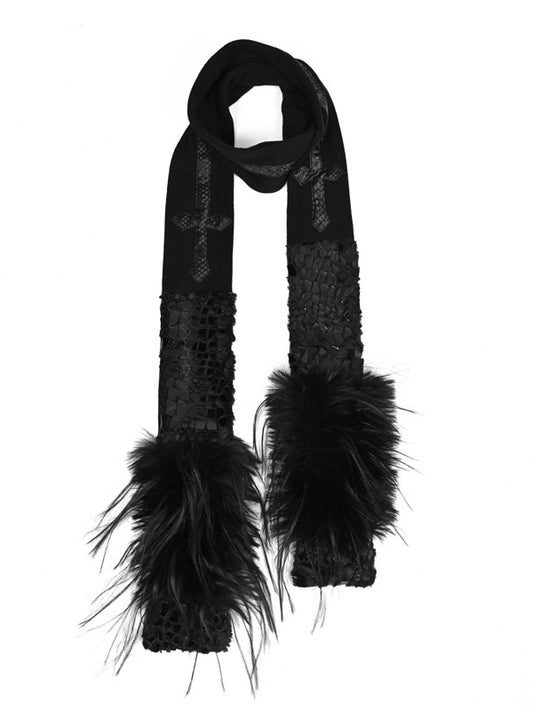 Black Fanx Fur and Snakeskin Grain Cross Shaped Panels Scarf