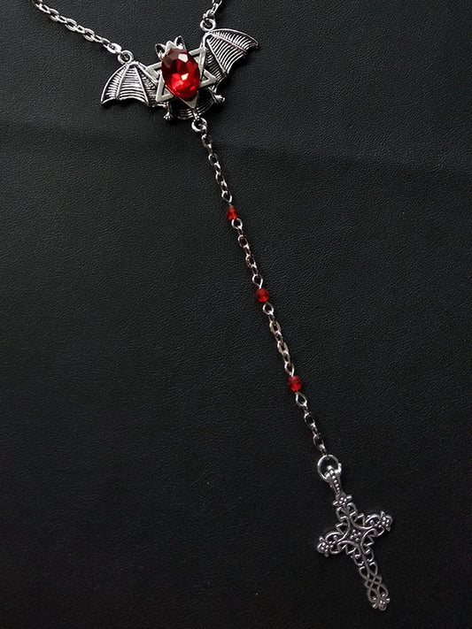 Hexagram Design Gothic Cross and Rhinestones Silver Bat Necklace