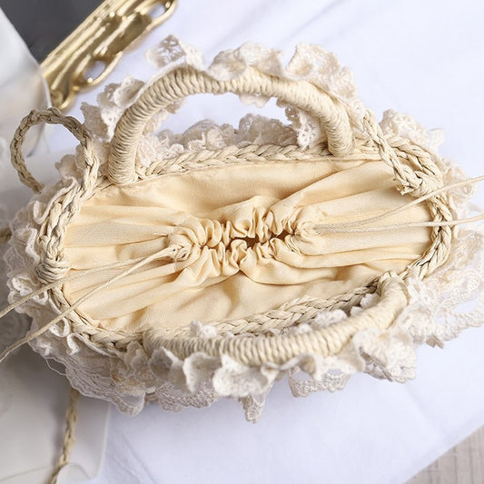 Beige Cottagecore Lace Ruffled Lolita Crochet Bag