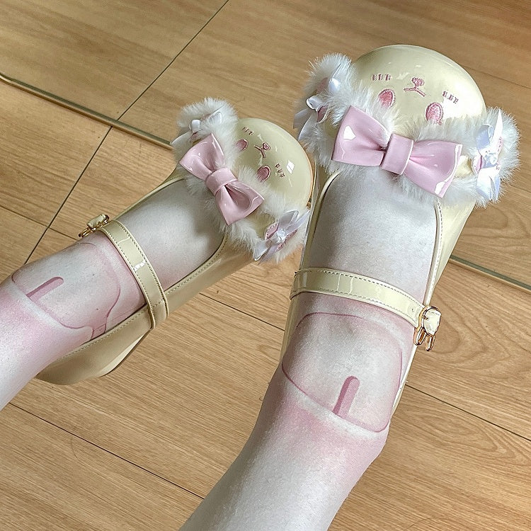 Yellow&Pink Bowknot Details Plush Bunny Ear Sweet Lolita Round Toe Shoes With Bunny Buckle Strap
