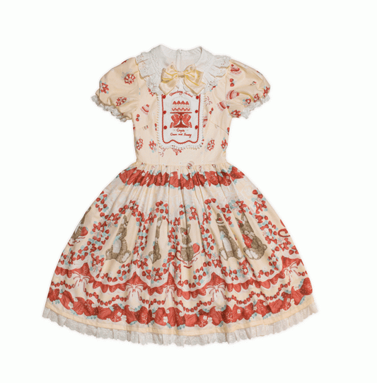 Strawberry and Bunny Print Yellow Cottagecore Country Lolita One Piece Strawberry Cake Embroidery Front