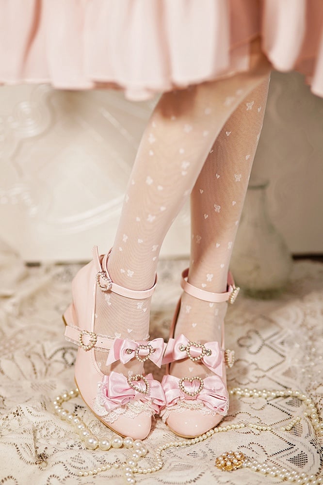 Light Pink Gyaru Fashion Heart Cut-out Wedge Heels Mary Janes Jirai Kei Shoes