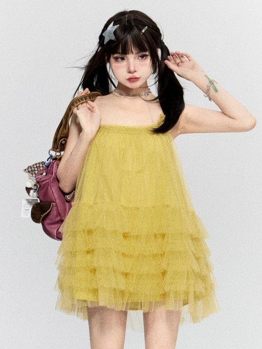 Mustard Yellow Square Neckline Layered Mesh Backless Cami Dress