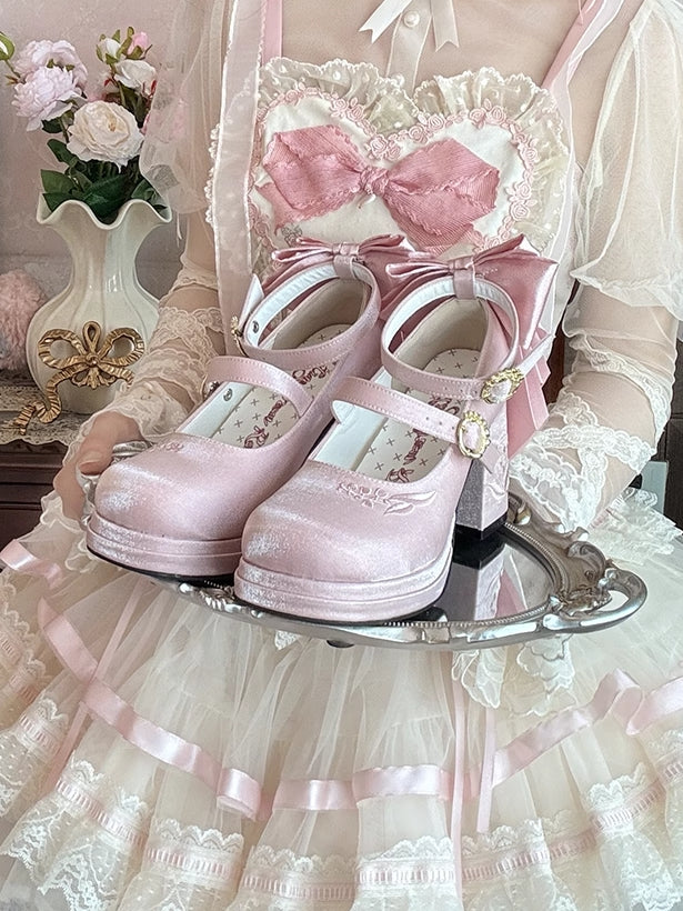 Pink Detachable Bowknot Lily of the Valley Embroidery Middle Heels Mary Janes