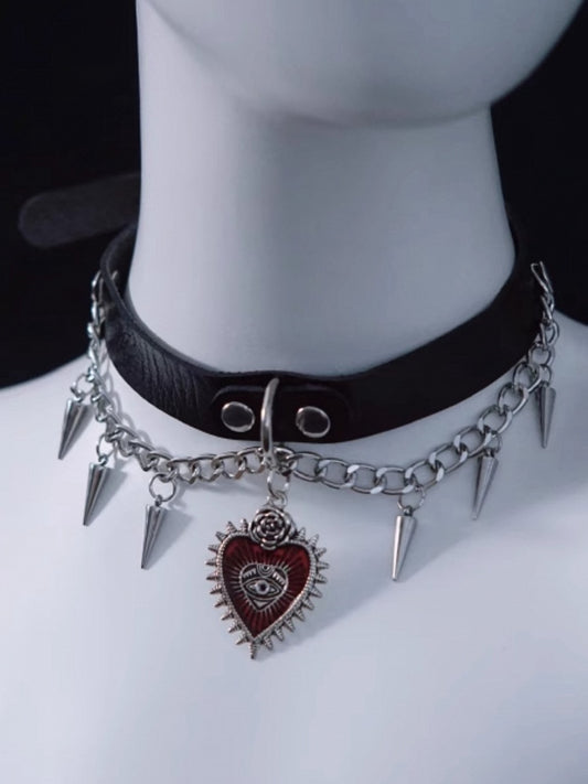 Gothic Heart Pendant Black and Silver PU Choker with Studs and Chains